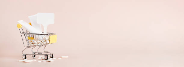 istock Titanium dioxide, E171, dangerous additive concept. gum, pills, toothpaste, cream in basket and sign with space on beige background. copy space banner 1402915821