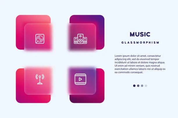 Vector illustration of Music icon set. Radio station, vinyl and wathing music video icon. Glassmorphism style. Vector line icon for Business and Advertising