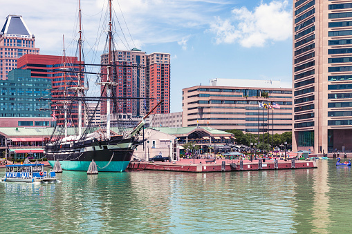 The Baltimore ,Maryland skyline frames the Baltimore Inner Harbor and all of its tourist attractions