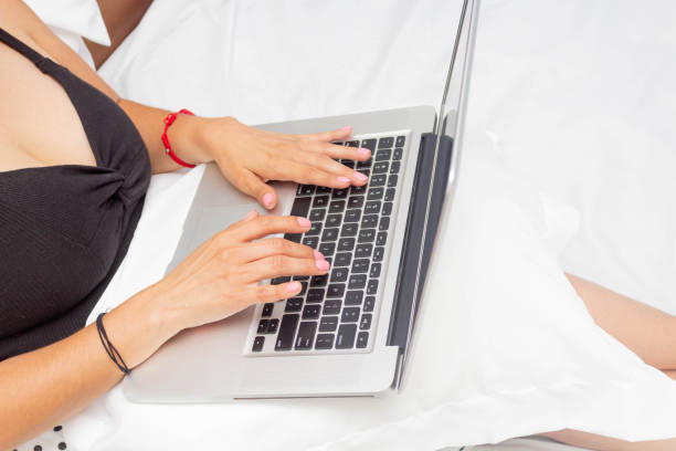 istock top view of woman using laptop on bed 1402917190