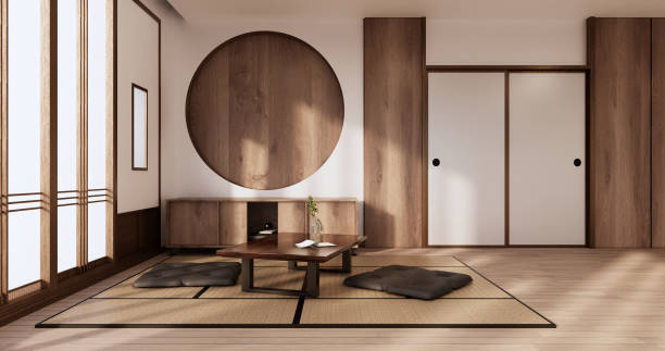 zen-raum innenwand aus holz auf tatami-mattenboden, niedrigem tisch und sessel.3d rendering - tatami matte stock-fotos und bilder