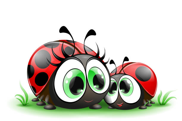 Ladybug mom with her child Cute cartoon mom and kid ladybugs with big eyes. Isolated. lady bug stock illustrations