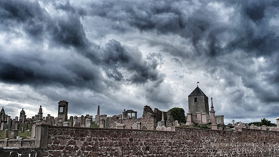 Stormy sky over graveyard and church