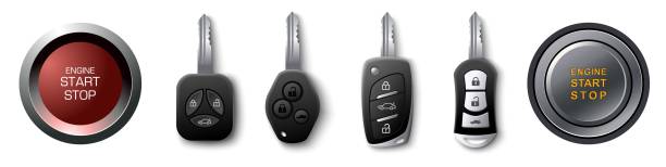 Car remote engine start key or button vector Car remote engine start key or button vector. Keyless ignition, push starter and auto door lock realistic mockup. Vehicle electronic system security technology accessory illustration car key illustrations stock illustrations