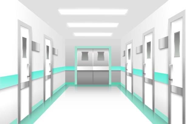 Hospital corridor vector clinic hall way interior Hospital corridor realistic vector. Clinic office hallway or emergency center interior illustration with closed door to surgery room and doctor workplace hospital ward stock illustrations