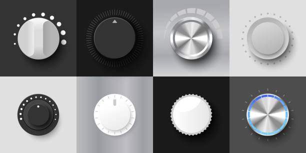 ilustrações de stock, clip art, desenhos animados e ícones de round adjustment dial volume level knob set - knob volume push button control
