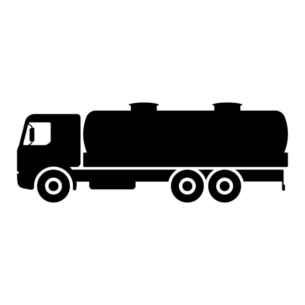 유조선 트럭 아이콘입니다. 블랙 실루엣. 측면보기. 벡터 간단한 평면 그래픽 일러스트레이션. 흰색 배경에 격리된 개체입니다. 격리. - fuel tanker truck oil chemical stock illustrations
