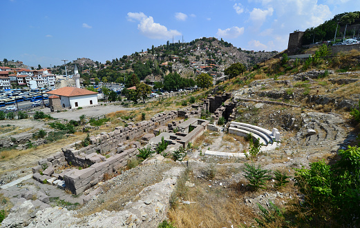 Ruins of Odeon and Bouleuterion in ancient Troy city, dating back to 3000 BC, Hisarlik, Canakkale Province, Turkey.