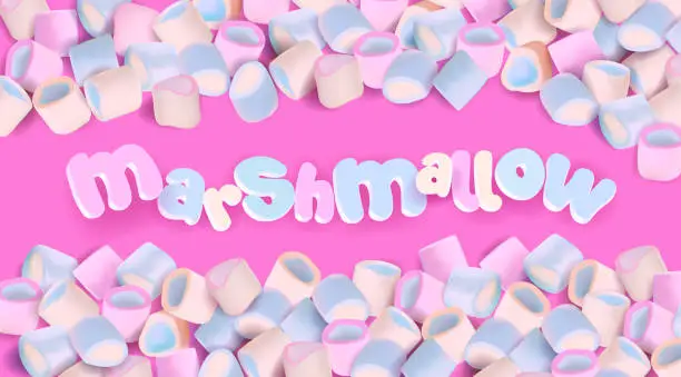 Vector illustration of Realistic multi-colored marshmallow on pink background with 3D sign. Colorful blue and pink marshmallows, editable Vector ilustration.