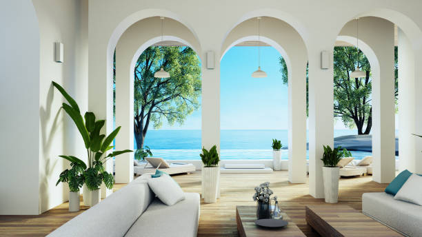 casa e resort di lusso sulla spiaggia per vista sul mare e soggiorno - rendering 3d - santorini greece villa beach foto e immagini stock