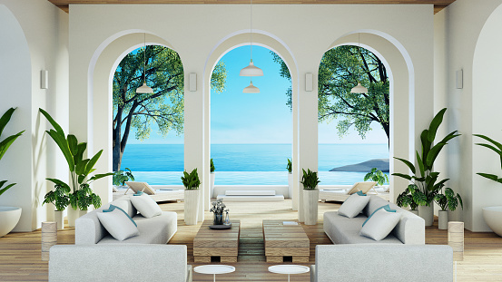 Casa y resort de lujo en la playa para vistas al mar y vida - Renderizado 3D photo