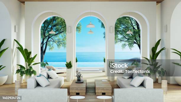 Luxury House And Resort On The Beach For Sea Views And Living 3d Rendering Stock Photo - Download Image Now