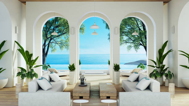 luxury house and resort on the beach for sea views and living - 3d rendering - tatil villası stok fotoğraflar ve resimler