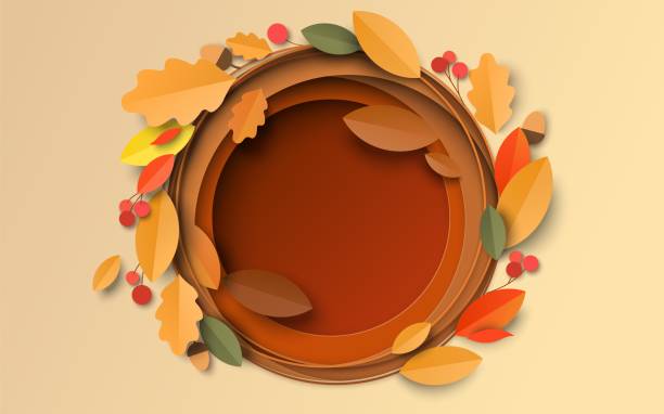 ilustraciones, imágenes clip art, dibujos animados e iconos de stock de fondo de otoño con arce cortado en papel, hojas de roble - papercraft