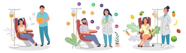 Doctor give patient vitamin iv drip vector scene People and doctor scene. Patient receive vitamin iv drip in clinic hospital vector set. Preventive therapy, medicine and intravenous administration of nutrients concept infused stock illustrations
