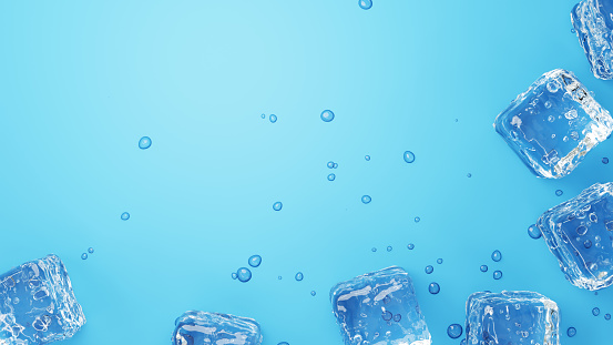 Abstract blue background with water drops and realistic ice cubes