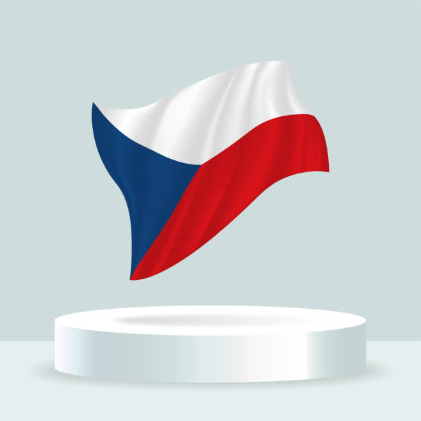 flagge der tschechischen republik. 3d-rendering der auf dem ständer angezeigten flagge. - tschechische flagge stock-grafiken, -clipart, -cartoons und -symbole