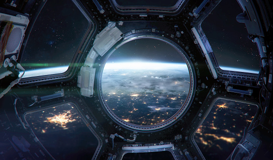 Earth planet in ISS Cupola. International space station. Surface of blue planet. Elements of this image furnished by NASA (url: https://www.nasa.gov/sites/default/files/styles/full_width_feature/public/thumbnails/image/iss043e284928.jpg https://images-assets.nasa.gov/image/iss040e090540/iss040e090540~small.jpg)