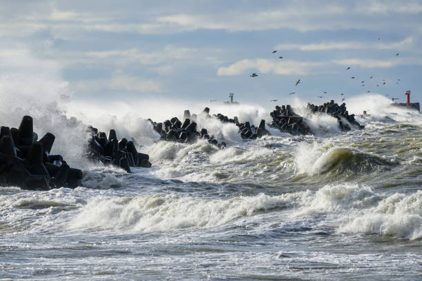 istock Big waves breaking over harbor breakwall concrete tetrapods 1402927582