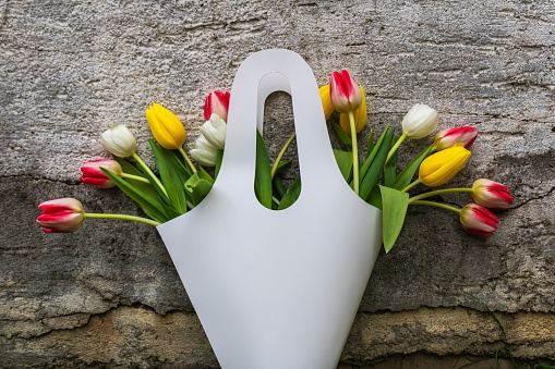 White paper bag with colorful tulips, box with handles bouquet, old wall background
