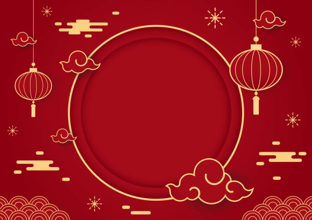 Happy Chinese new year 2023. Chinese new year banner with circle for show product. Happy Chinese new year 2023. Chinese new year banner with circle for show product. Greeting card. China frame with lantern on red background. chinese new year stock illustrations