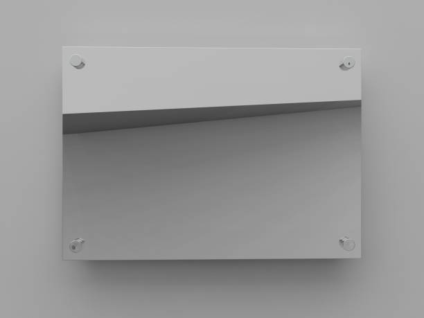 istock Blank A4 polished silver metal plate. Office corporate Signage plate Mock Up template for branding, logo. Grey advertising signboard mockup front view. 3D rendering 1402929621