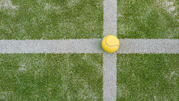 pelota amarilla en el suelo detrás de la red de pádel en cancha verde al aire libre. pádel - tennis in a row team ball fotografías e imágenes de stock