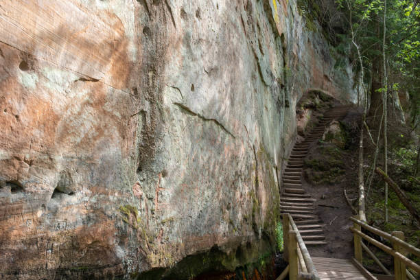 istock sandstone cliffs is approximately one kilometre long and is located on the left side of the primeval valley of the River Gauja. Latvia 1402934697