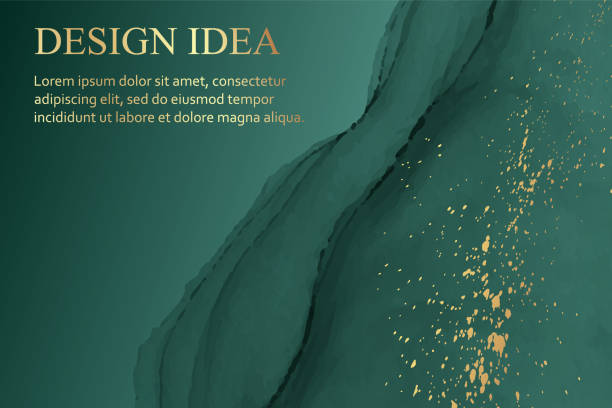 istock Watercolor background with abstract green ink waves and golden splashes. 1402934733