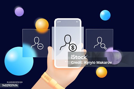 istock Button set icon. Man with magnifying glass, minus, dollar. Search, delete, privacy, paid. Data set concept. Glassmorphism. UI phone app screens. Vector line icon for Business 1402937414