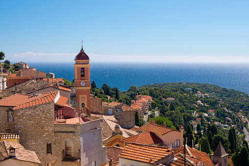 View of the sea and the Cote d'Azur from the fortress of the ancient castle in Roquebrune-Cap-Martin, France on the Mediterranean coast near Monaco.
