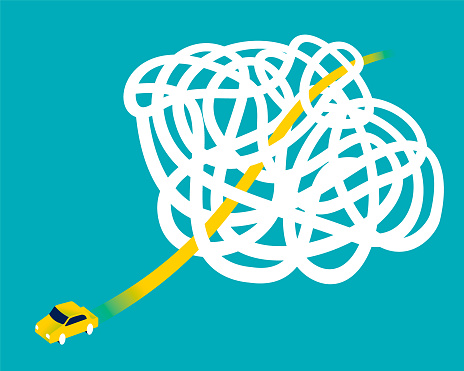 Little yellow car drives through a tangle of roads
finding the quickest way. Exit strategy concept. Light blue background. Vector illustration