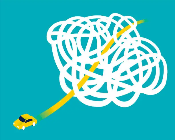 Vector illustration of Small car finds the quickest way through a tangle of roads.