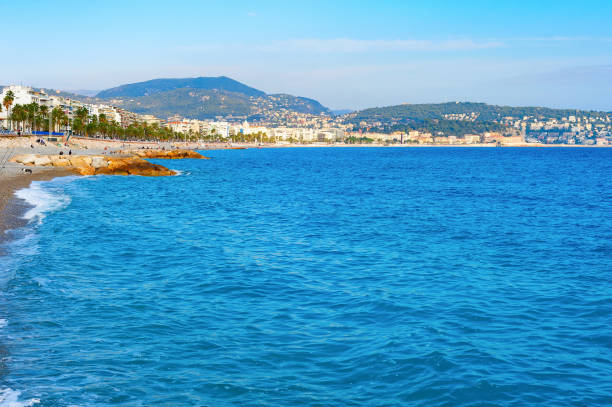 Seascape with beach and coastal cityscape, Nice, France