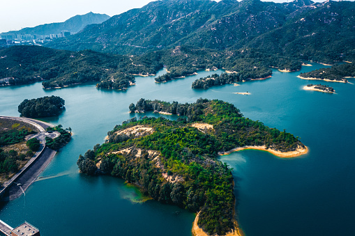 Aerial view of Famous Tai Lam Chung Reservoir in Landscape