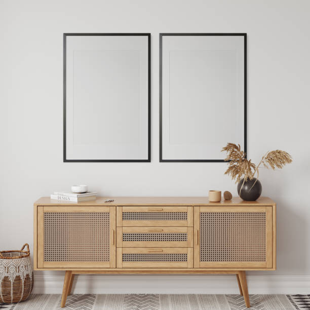 istock Boho style interior. living room. Frame mockup. Poster mockup. 3d rendering, 3d illustration 1402942531