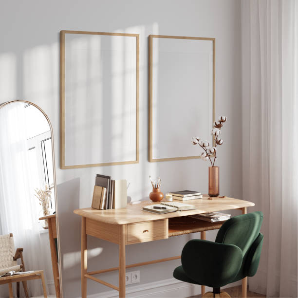istock Boho style interior. living room. Frame mockup. Poster mockup. 3d rendering, 3d illustration 1402942553
