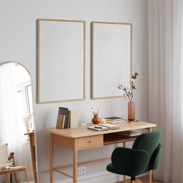 istock Boho style interior. living room. Frame mockup. Poster mockup. 3d rendering, 3d illustration 1402942596