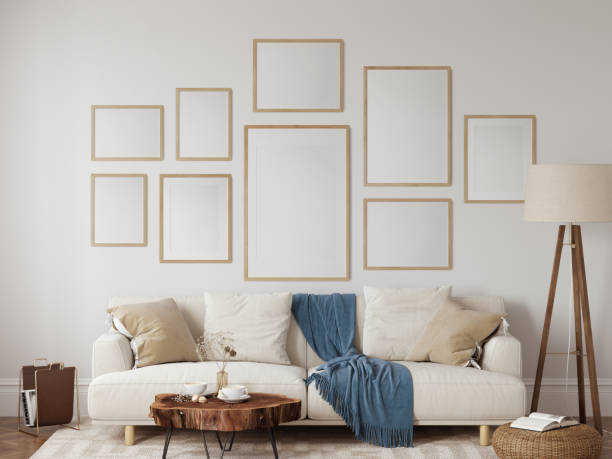 istock Boho style interior. living room. Frame mockup. Poster mockup. 3d rendering, 3d illustration 1402942616
