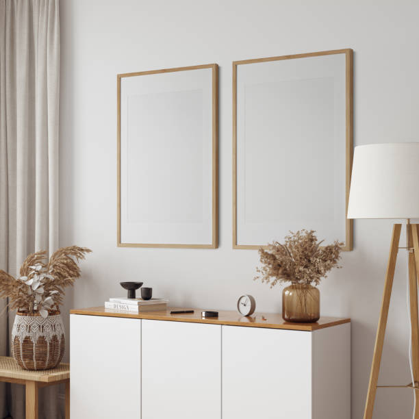 istock Boho style interior. living room. Frame mockup. Poster mockup. 3d rendering, 3d illustration 1402942618