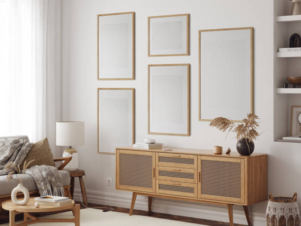 istock Boho style interior. living room. Frame mockup. Poster mockup. 3d rendering, 3d illustration 1402942653