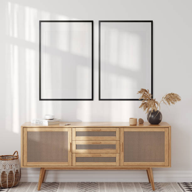 istock Boho style interior. living room. Frame mockup. Poster mockup. 3d rendering, 3d illustration 1402942655
