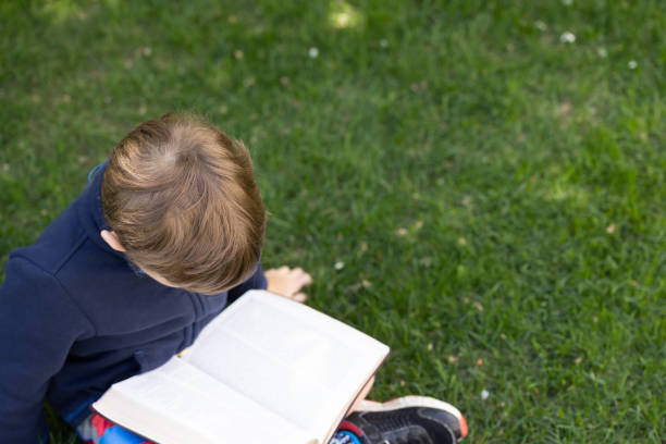 istock Boy reading bible outside sitting on grass 1402943518