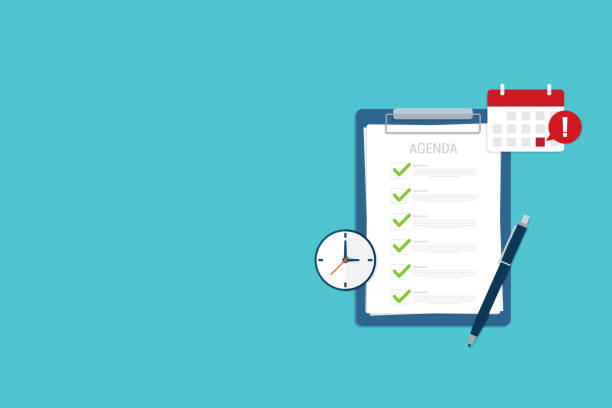 istock Meeting agenda. Reminder with a event list and schedule.  Presentation with memo, 1402943603