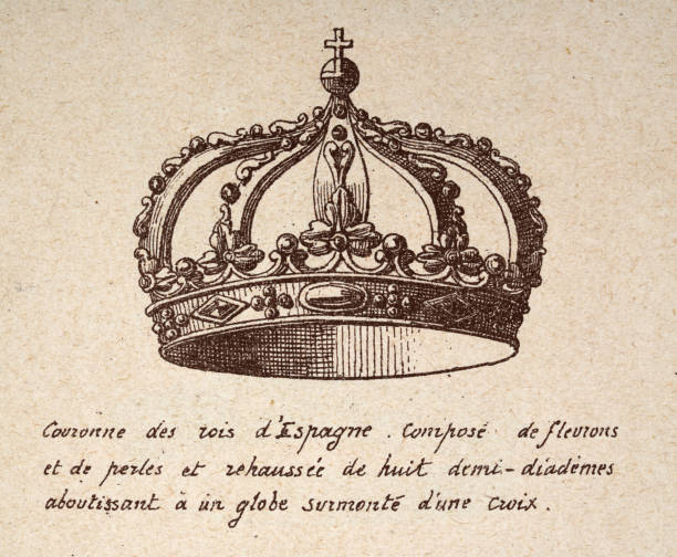 illustrazioni stock, clip art, cartoni animati e icone di tendenza di corona dei re di spagna, stampa d'arte antica, illustrazione vintage - crown nobility ornate illustration and painting