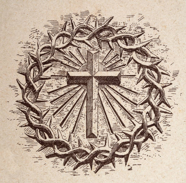 illustrations, cliparts, dessins animés et icônes de croix du christ au centre de la couronne d’épines, histoire iconographie religieuse, symbole du christianisme - engraved image religion christianity catholicism