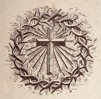 Vintage illustration, Cross of Christ in centre of Crown of Thorns, History religious iconography, Christianity symbol