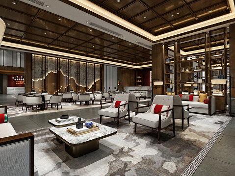 3d render luxury hotel lobby entrance