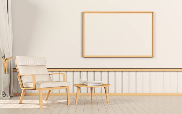istock Mock up poster frames with minimal armchairs and notebooks 1402950408