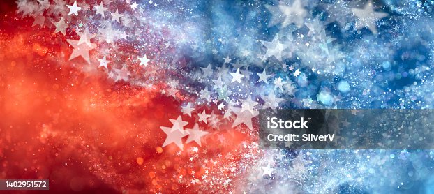 istock Red, white, and blue abstract background with sparkling stars. USA background wallpaper for 4th of July, Memorial Day, Veteran's Day, or other patriotic celebration. 1402951572